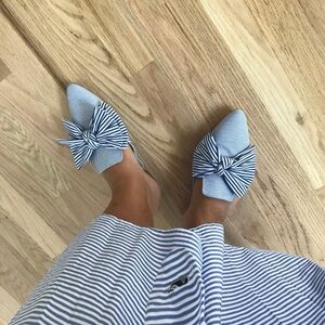 J. Crew Pointed-Toe Bow Slides in Blue White Stripe
